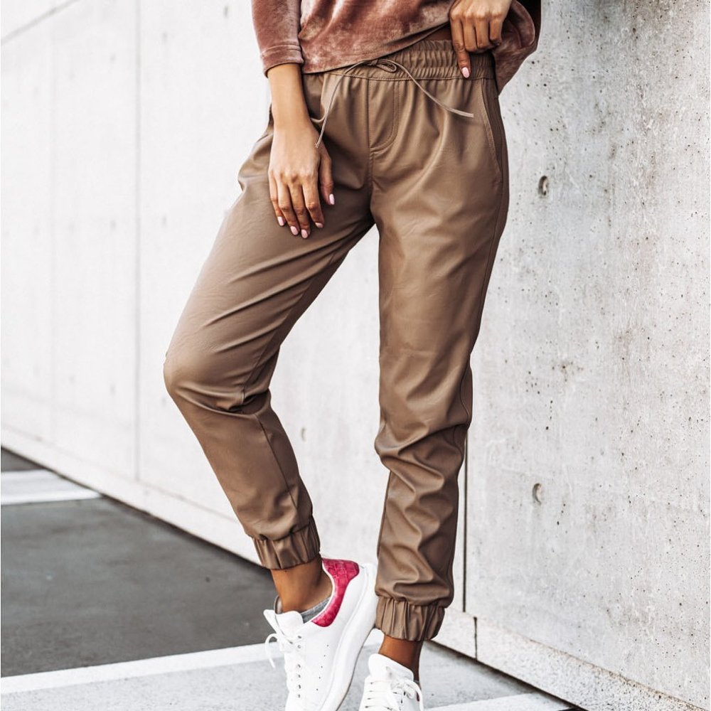 Pocketed Drawstring Faux Leather Joggers